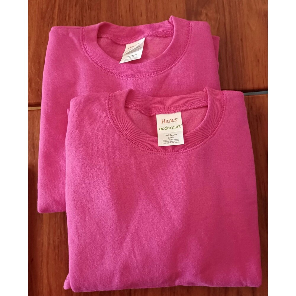 Hanes EcoSmart Girls M 7-8 Pink Set/2 Fleece Crewneck Pullover Sweatshirt